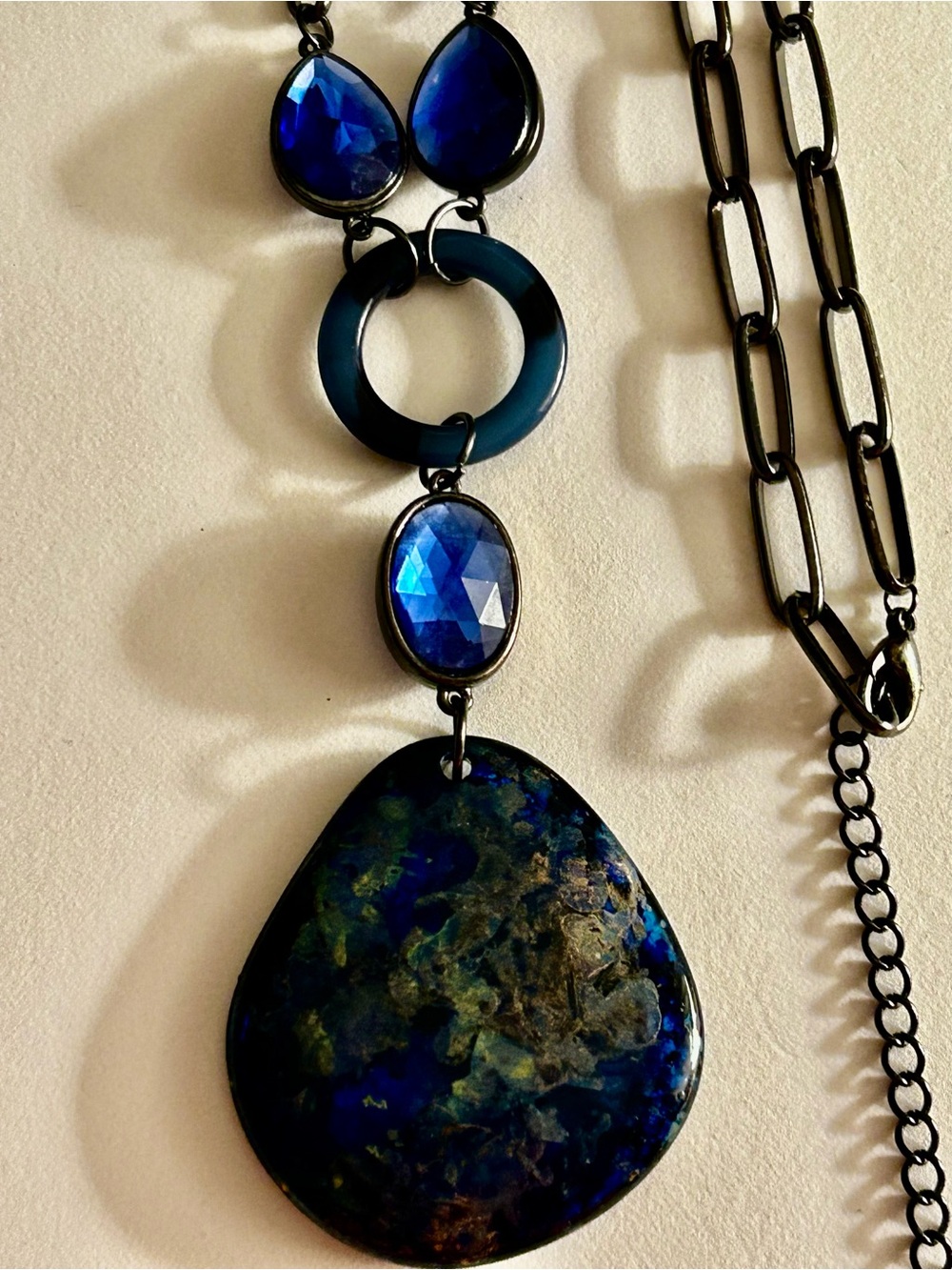 Necklace Cobalt blue green gold Artisan glass teardrop, paperclip chain, beads
